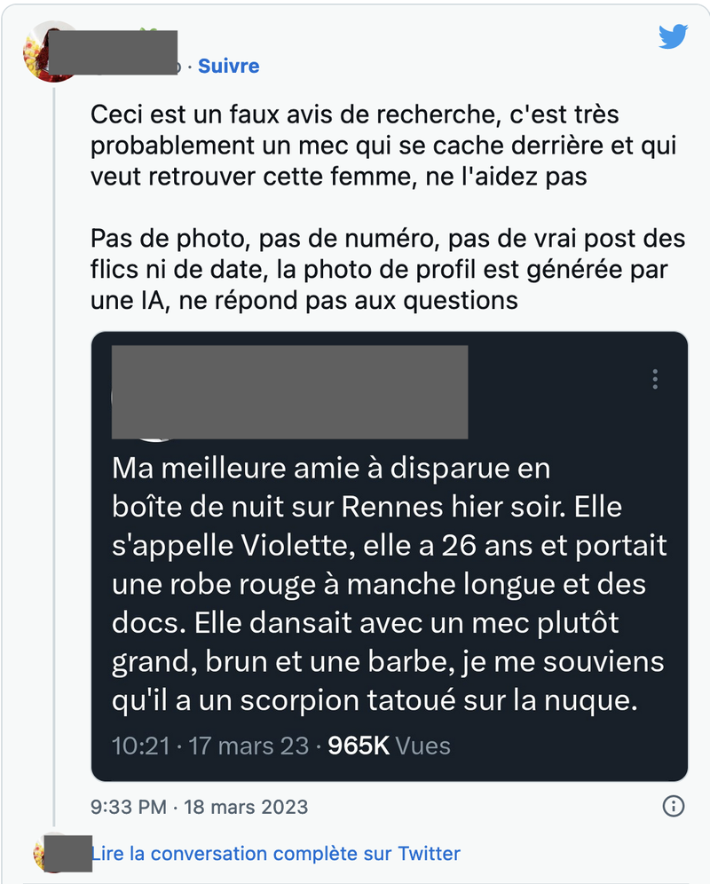 Un exemple concret de faux avis de recherche.